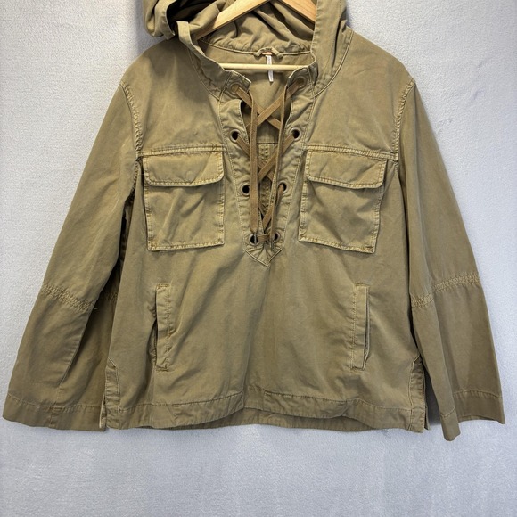 Free People Lace Up Anorak Jacket Womens Large Tan Beige Hooded Utility Cotton - Picture 8 of 10